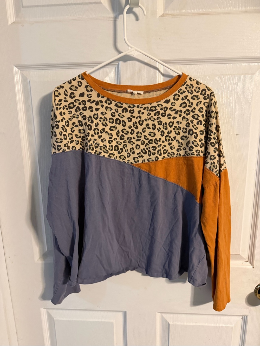 easel Multicolor Leopard-Panel Long Sleeve Top (Blue, Rust, Cream)